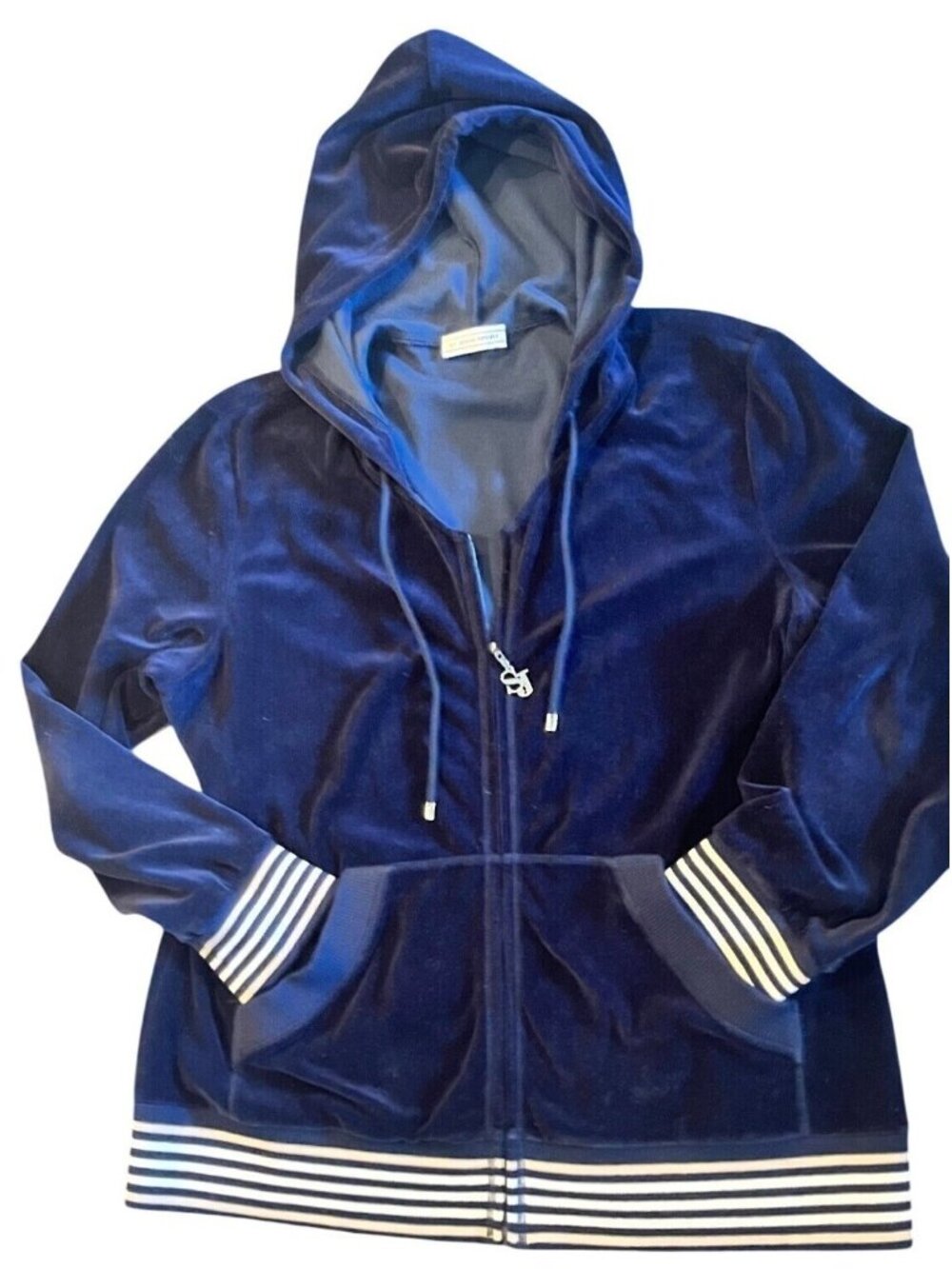 St. John Sport Navy Blue Velour Zip-Up Hoodie Sweater Jacket Large? Striped Hem